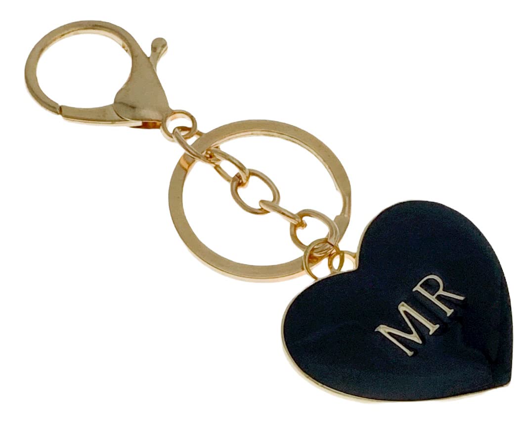 Evenchae "MR" Heart Keychain, Black with Gold Letters, Gift Bag, 4"L