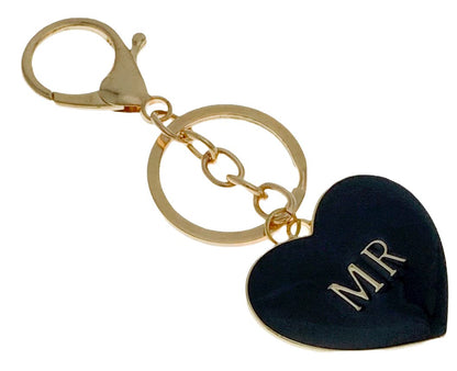 Evenchae "MR" Heart Keychain, Black with Gold Letters, Gift Bag, 4"L