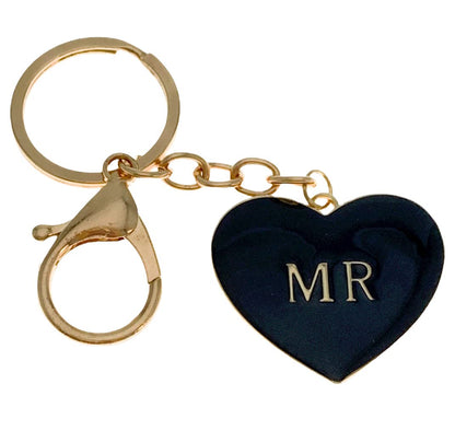 Evenchae "MR" Heart Keychain, Black with Gold Letters, Gift Bag, 4"L