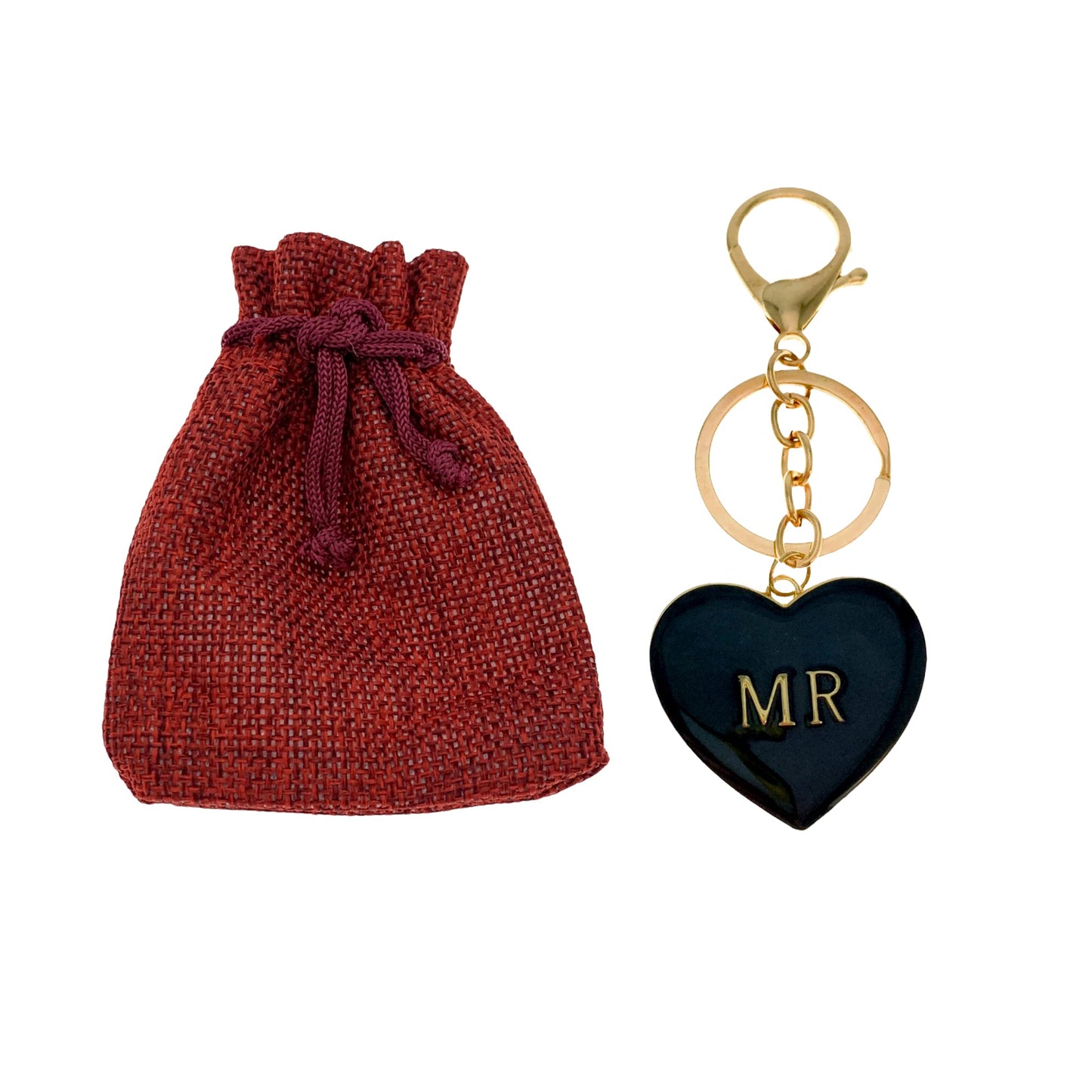 Evenchae "MR" Heart Keychain, Black with Gold Letters, Gift Bag, 4"L