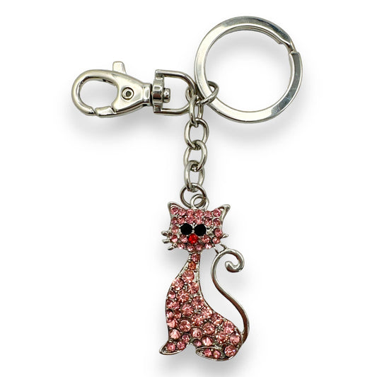 Kitty Cat Keychain w/ Rhinestone Crystals, Split Key Ring & Clip, w/ Gift Bag