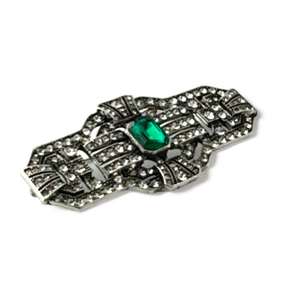 Bar Brooch Vintage Style, Green Rhinestone Center & Clear Crystals, Gift Bag