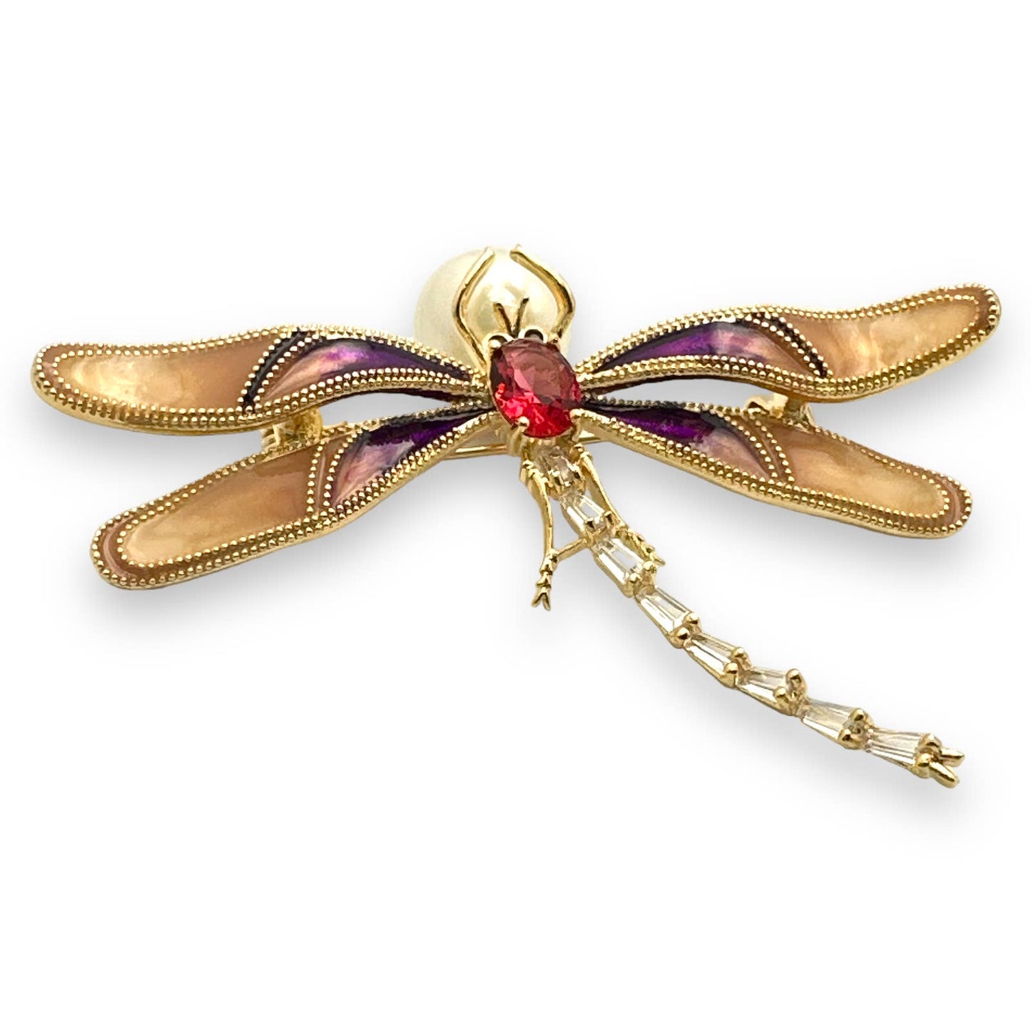 Elegant Purple Dragonfly Brooch Pin, Faux Pearl & Rhinestones, Enamel Wings 2.5W