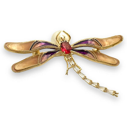 Elegant Purple Dragonfly Brooch Pin, Faux Pearl & Rhinestones, Enamel Wings 2.5W