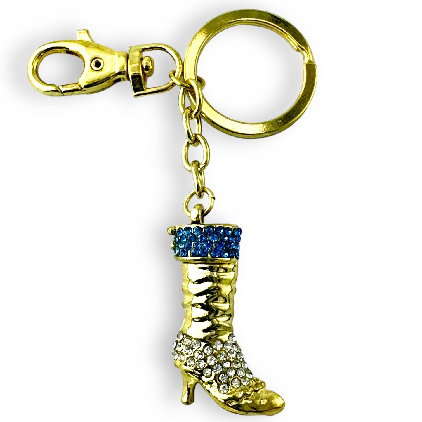 Gold High Heel Boot Keychain w/ Rhinestones, Split Key Ring & Clip, w/ Gift Bag