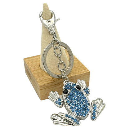 Articulated Frog Keychain, Blue Rhinestones, Split Key Ring & Clip, w/ Gift Bag