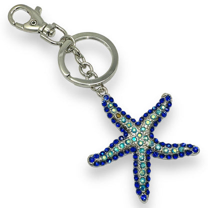 Starfish Keychain, 2 Tones of Blue Rhinestones, Split Key Ring & Clip, Gift Bag