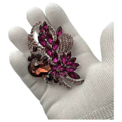 Purple Flower Brooch, Silver Alloy Pin, Floral Rhinestone Crystal, Gift Bag