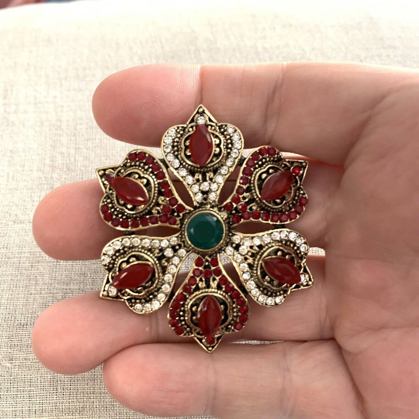 Boho Brooch Pin With Rhinestones Victorian Bohemian Style 2"Diameter