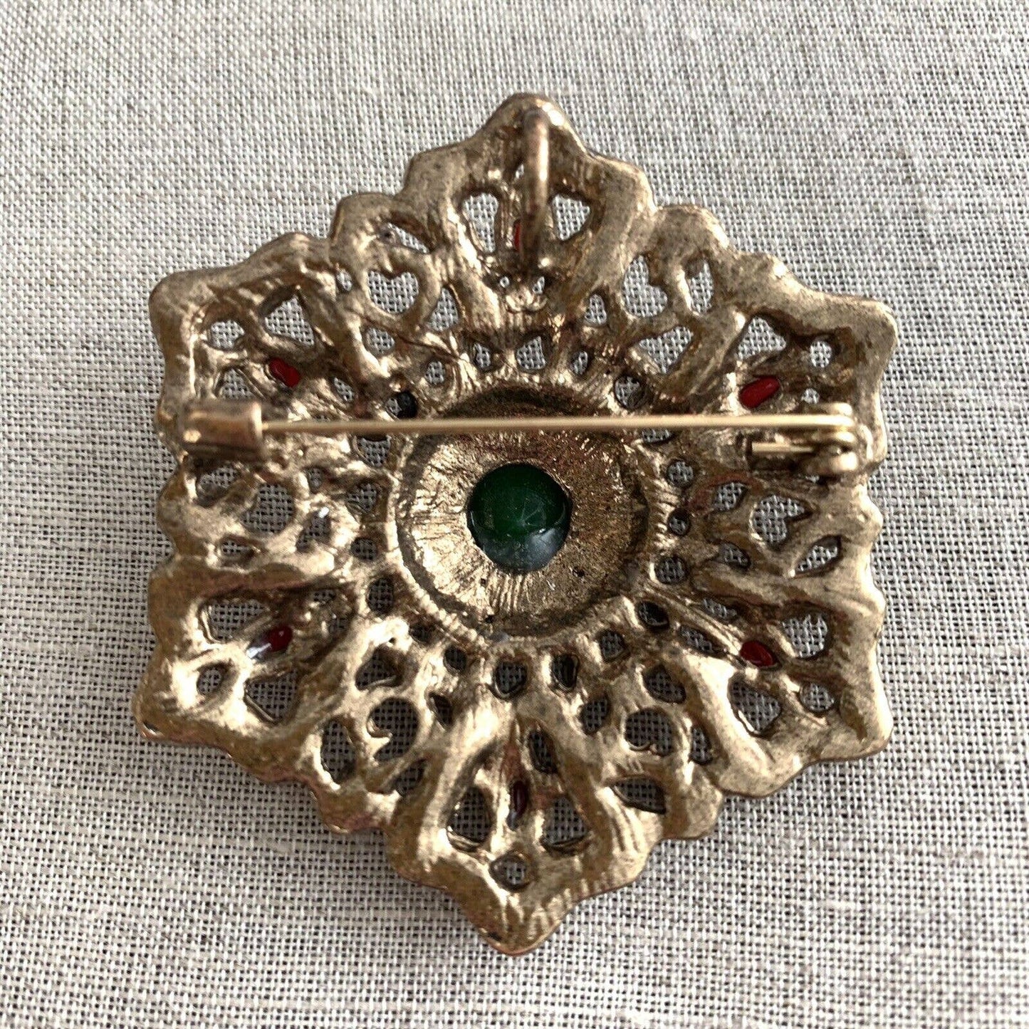 Boho Brooch Pin With Rhinestones Victorian Bohemian Style Hexagonal 2.25”W