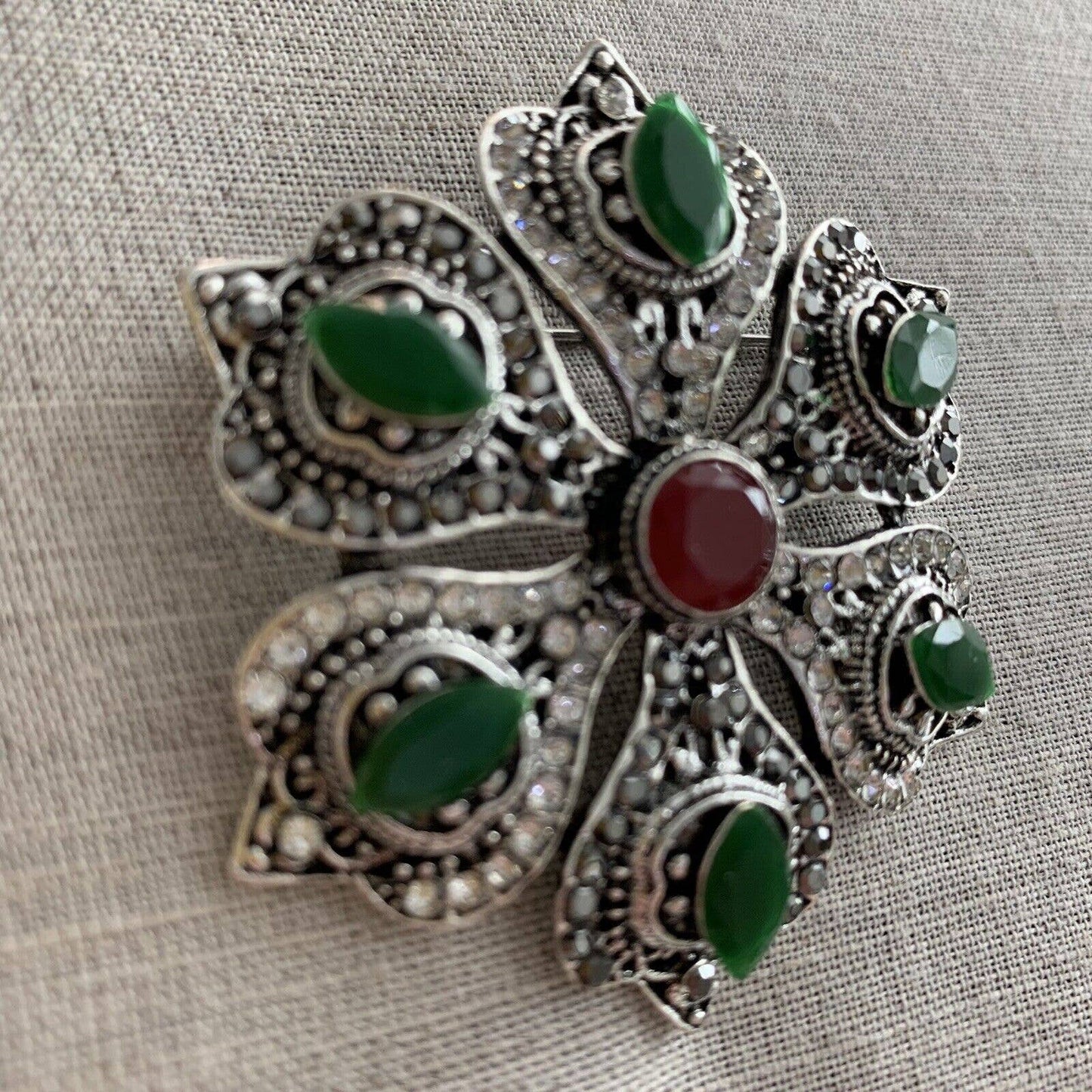 Boho Brooch Pin With Rhinestones Victorian Bohemian Style Hexagonal Green 2”W