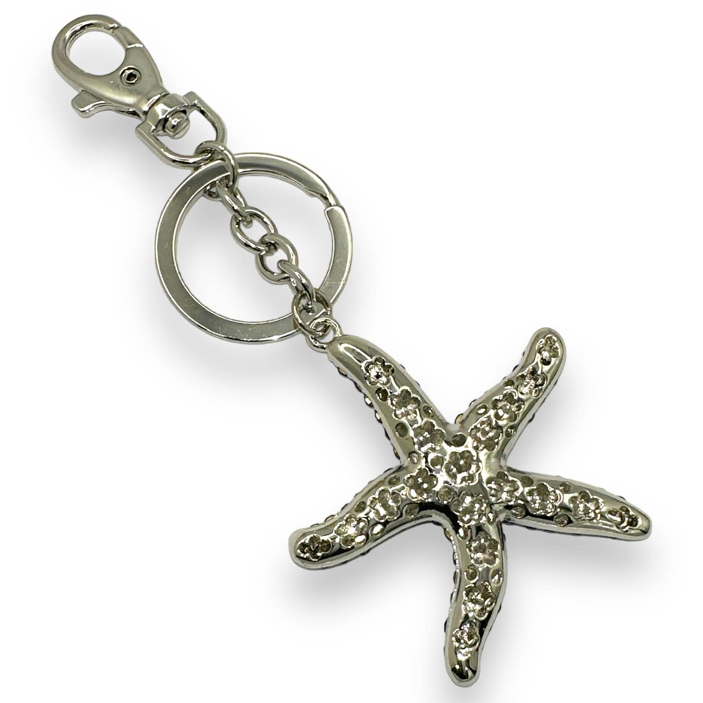 Starfish Keychain, 2 Tones of Blue Rhinestones, Split Key Ring & Clip, Gift Bag