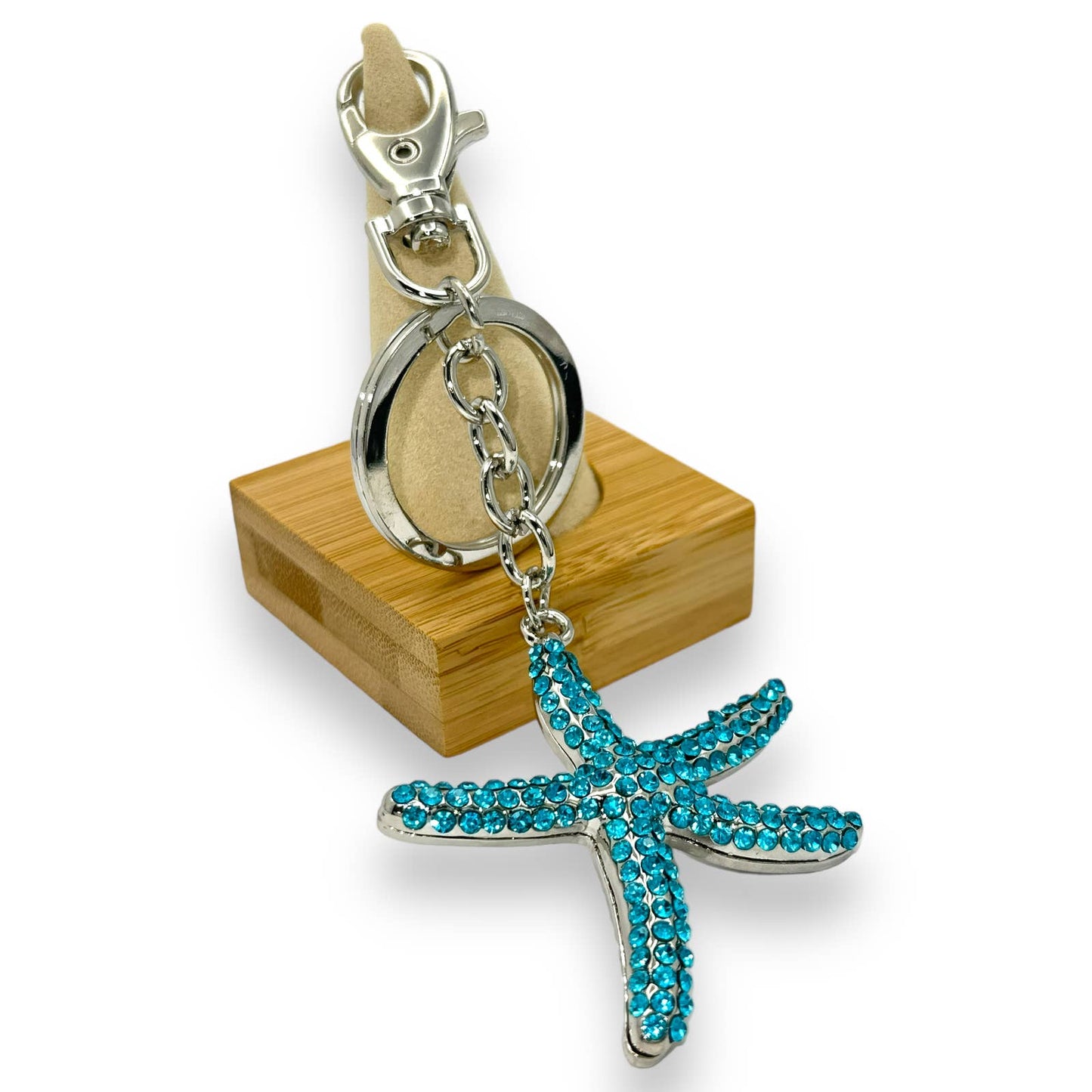 Starfish Keychain, w/ Aqua Blue Rhinestones, Split Key Ring & Clip, w/ Gift Bag