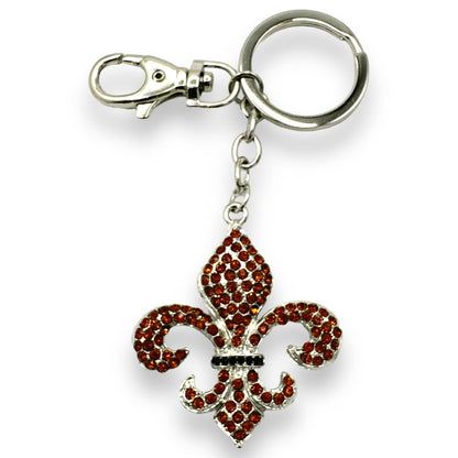 Fleur de Lis Keychain Orange & Black Rhinestones, Split Key Ring & Clip Gift Bag