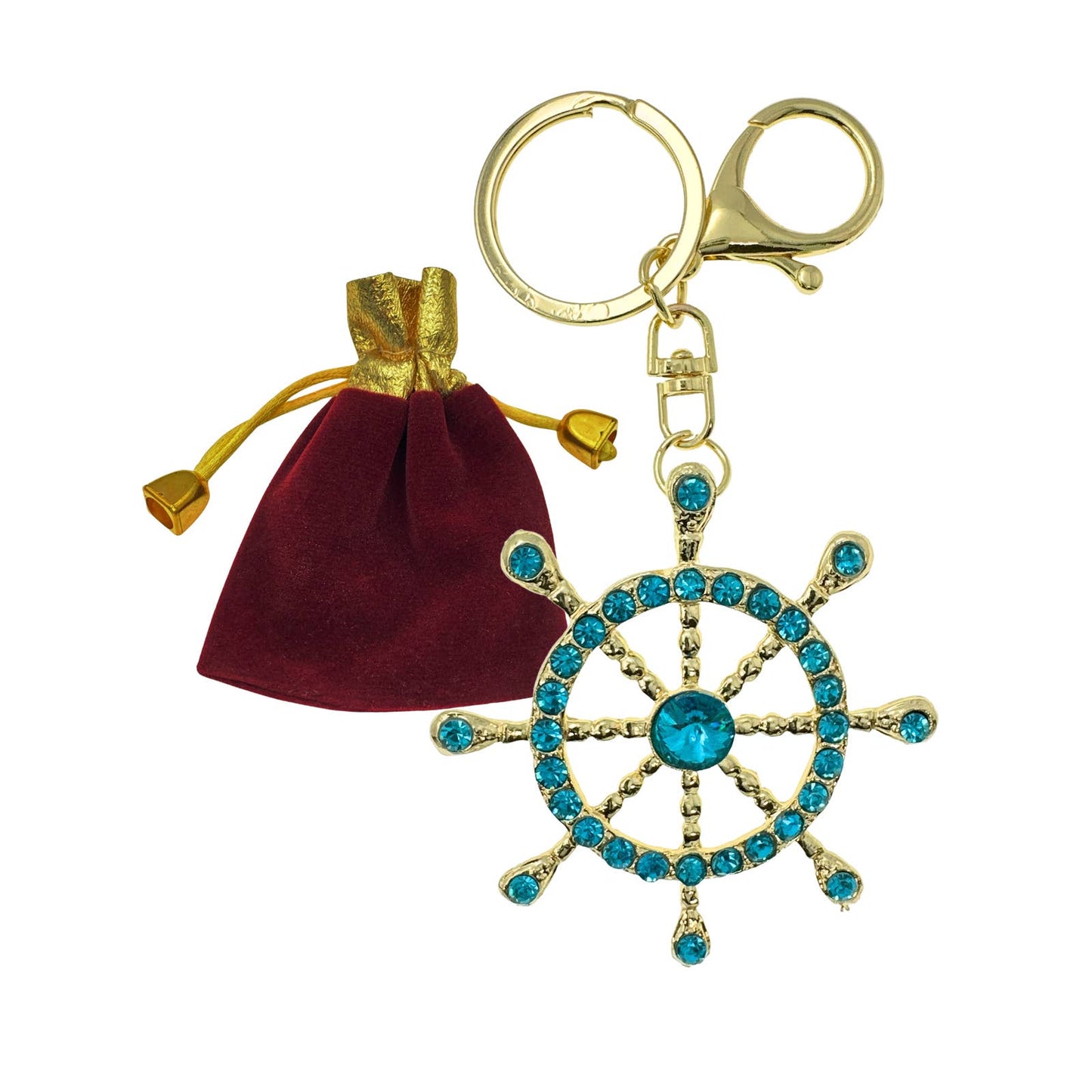 Sparkling Ships Wheel Keychain Rhinestones & Gift Bag, Purse Jewelry, 5.25"L