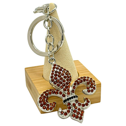 Fleur de Lis Keychain Orange & Black Rhinestones, Split Key Ring & Clip Gift Bag