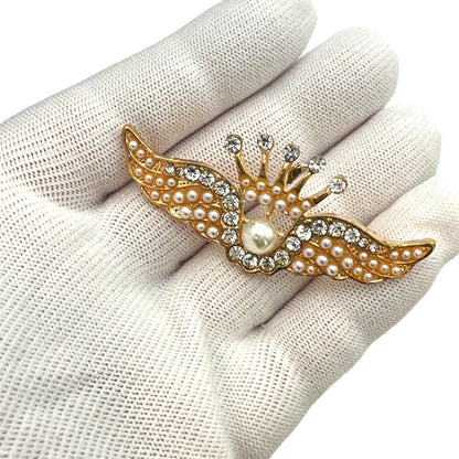 Crown Tiara & Angel Wings Brooch Pin Pendant Faux Pearls & Crystals, Gift Bag