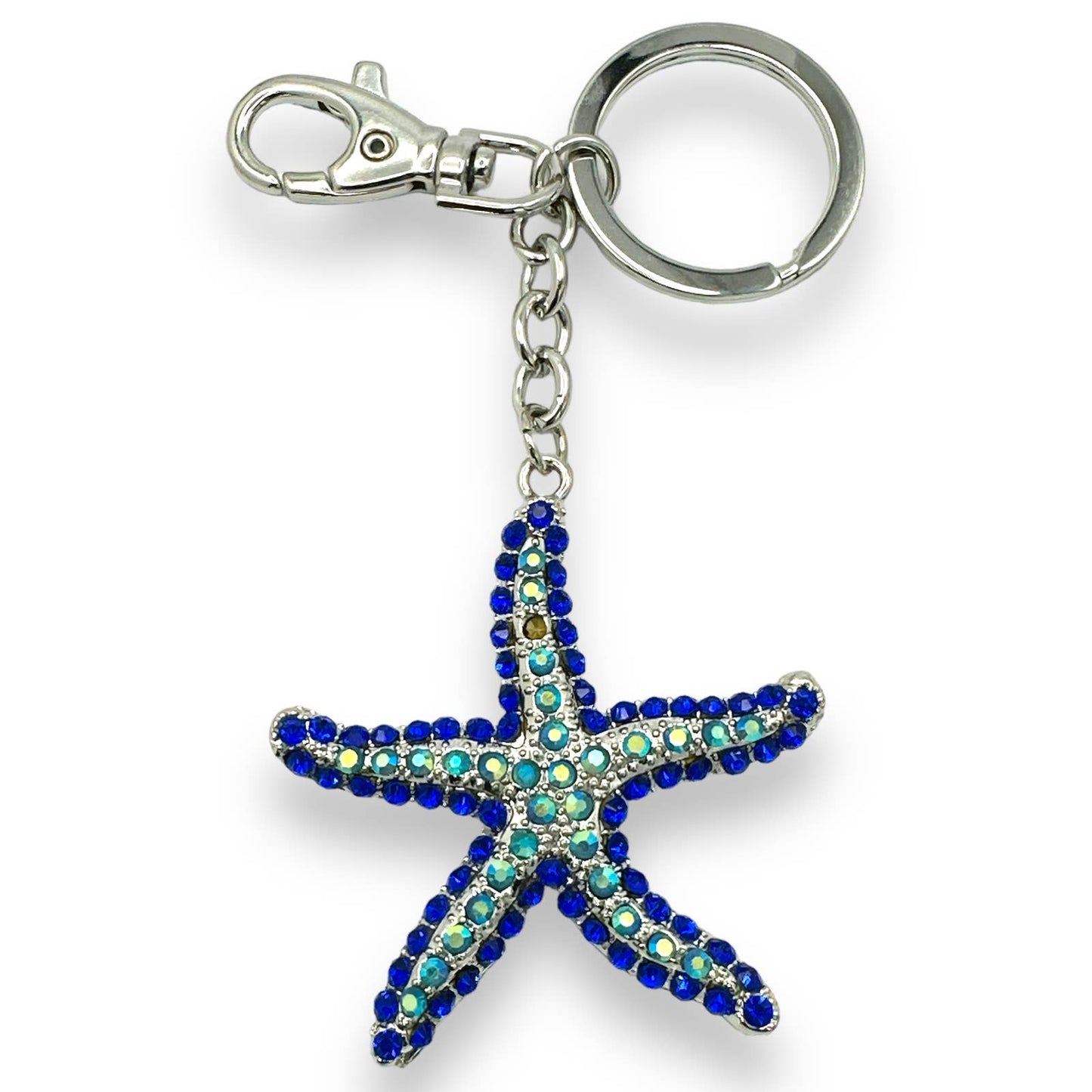 Starfish Keychain, 2 Tones of Blue Rhinestones, Split Key Ring & Clip, Gift Bag