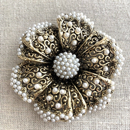 Boho Faux Pearls Flower Brooch Pin Medallion Pendant Bohemian 2.25” Round