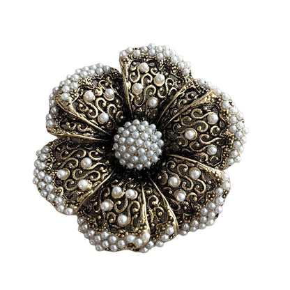 Boho Faux Pearls Flower Brooch Pin Medallion Pendant Bohemian 2.25” Round