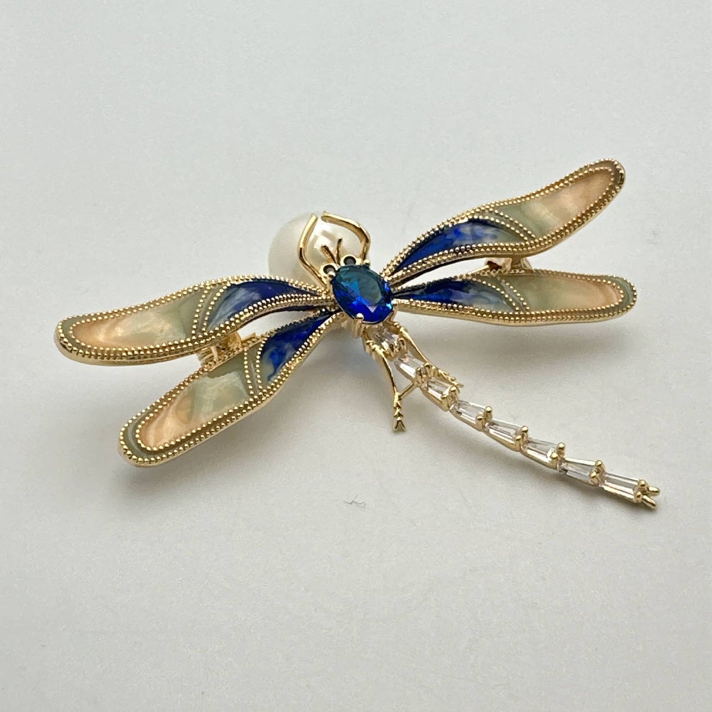 Elegant Blue Dragonfly Brooch Pin, Faux Pearl & Rhinestones, Enamel Wings 2.5W