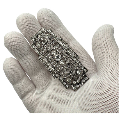 Bar Brooch, Vintage Style, Clear Rhinestones Silver-tone Alloy Pin, Gift Bag