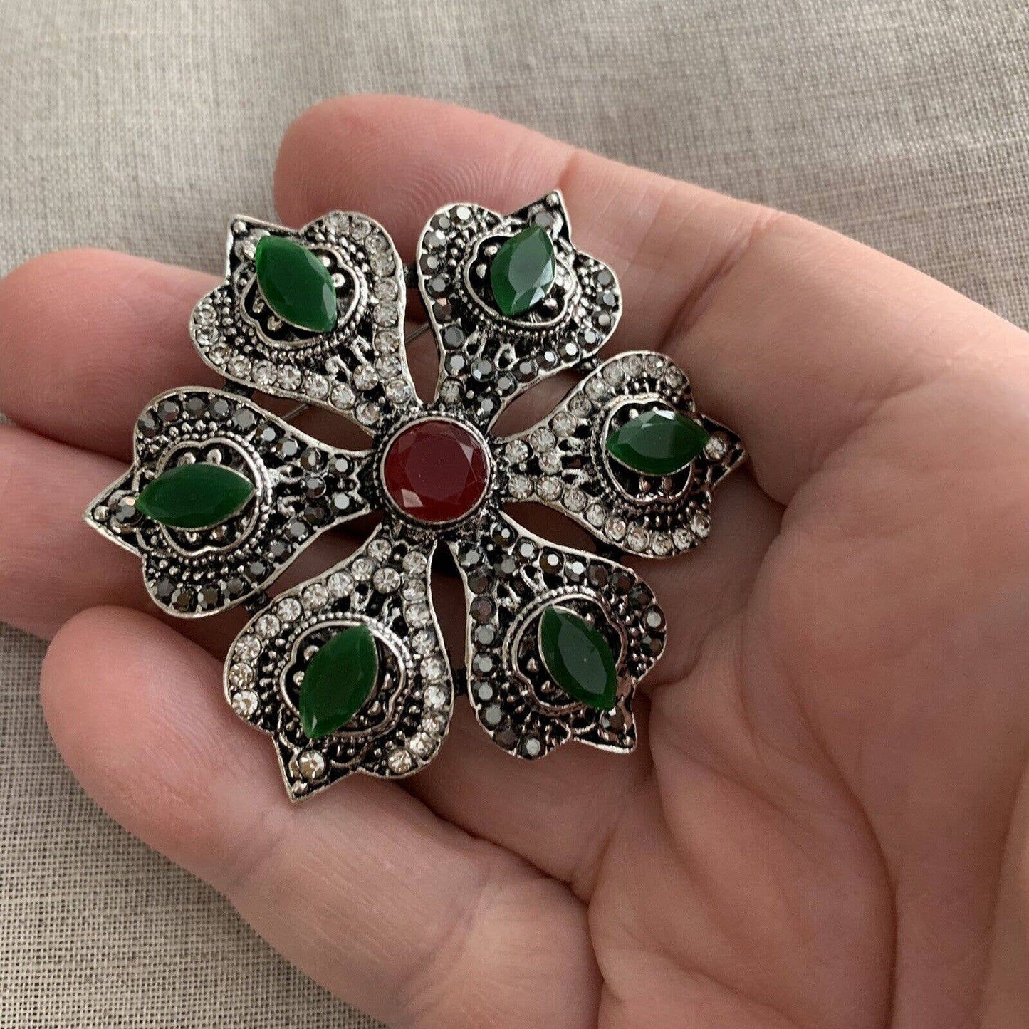 Boho Brooch Pin With Rhinestones Victorian Bohemian Style Hexagonal Green 2”W