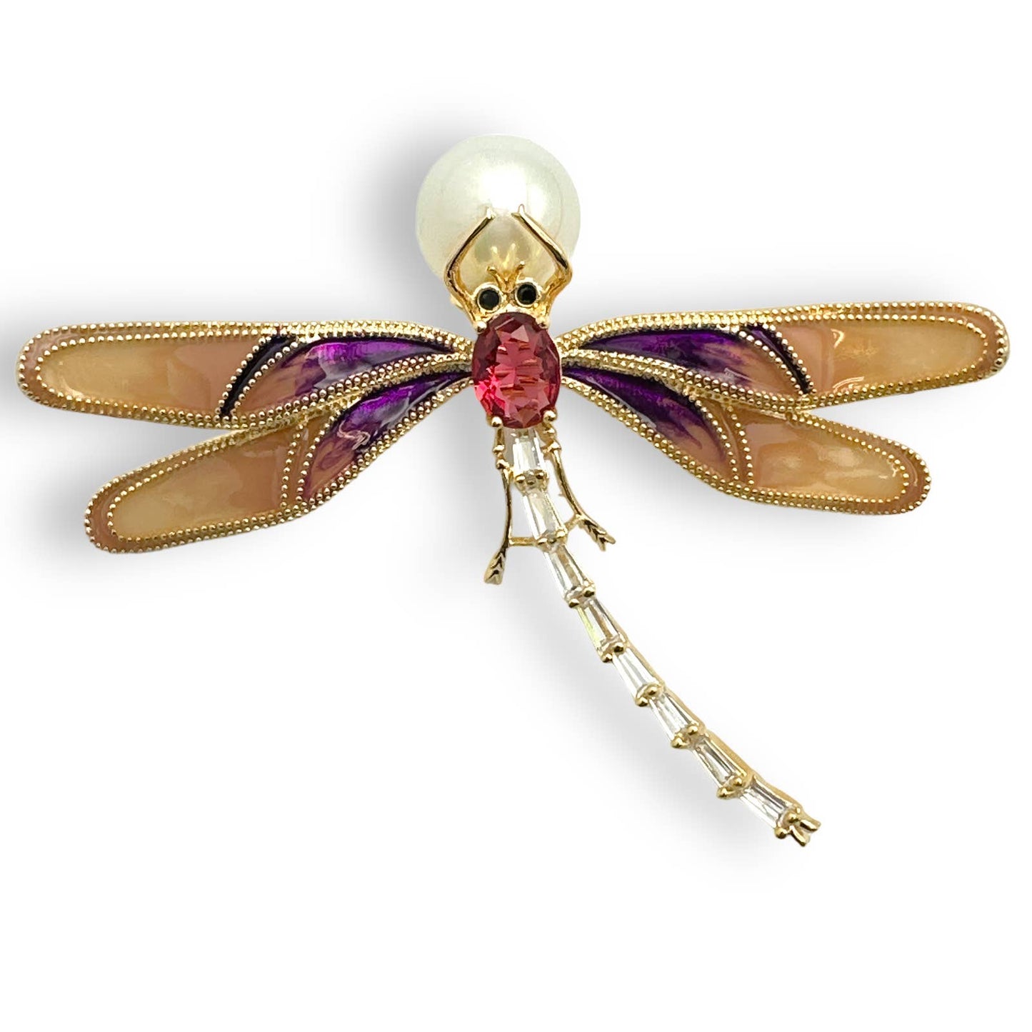 Elegant Purple Dragonfly Brooch Pin, Faux Pearl & Rhinestones, Enamel Wings 2.5W