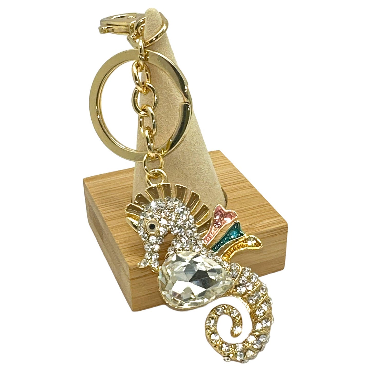 Seahorse Keychain, w/ Rhinestones Gold-tone Split Key Ring & Clip, w/ Gift Bag