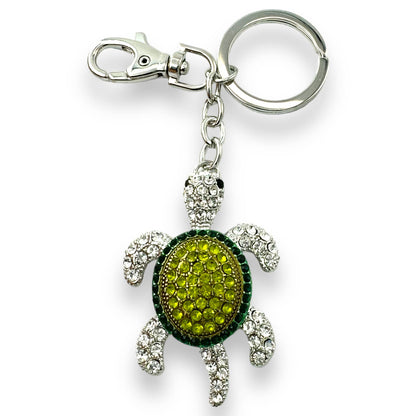 Articulated Sea Turtle Keychain, Green & Clear Crystals, Split Key Ring & Clip