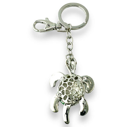 Articulated Sea Turtle Keychain, Green & Clear Crystals, Split Key Ring & Clip