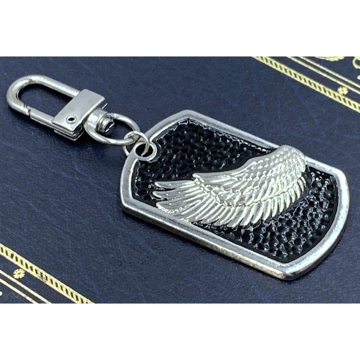 Evenchae Guardian Angel Wing Dog Tag Keychain, Silver & Black, Gift Bag, 3.25"L