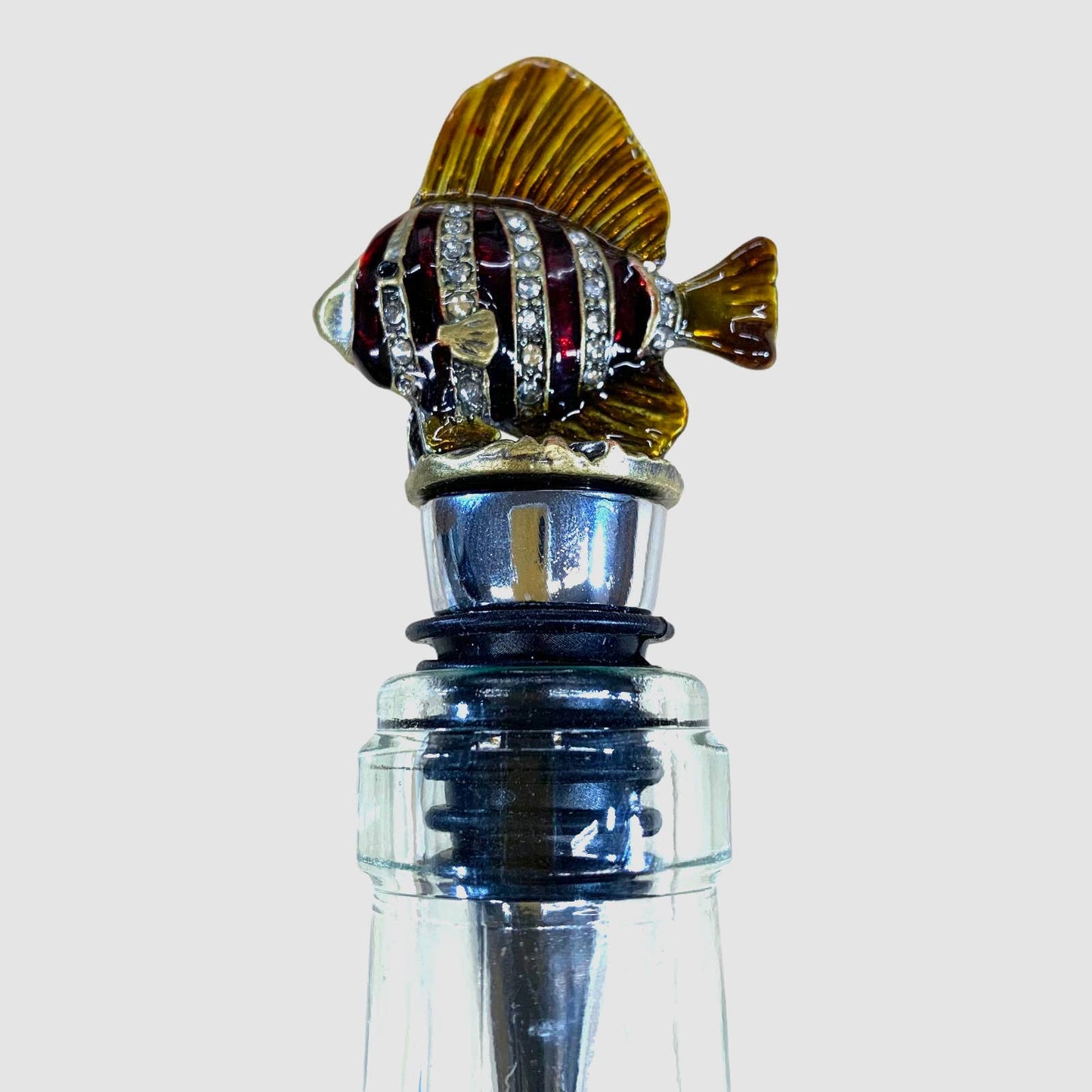 Fish Wine Bottle Stopper, Enameled Pewter & Rhinestones, Lead-Free Zinc Alloy