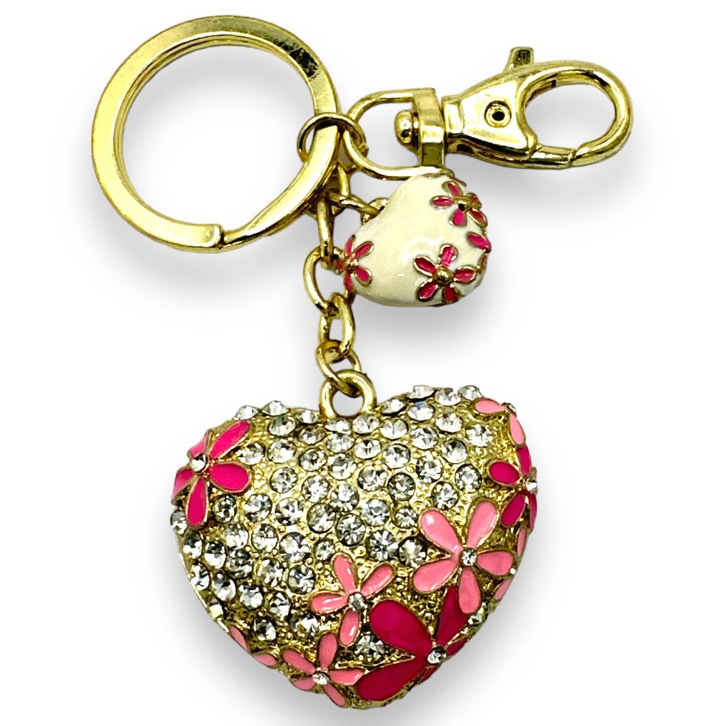 Enamel Filigree Hearts Keychain, Rhinestones & Flowers, Key Ring & Clip Gift Bag