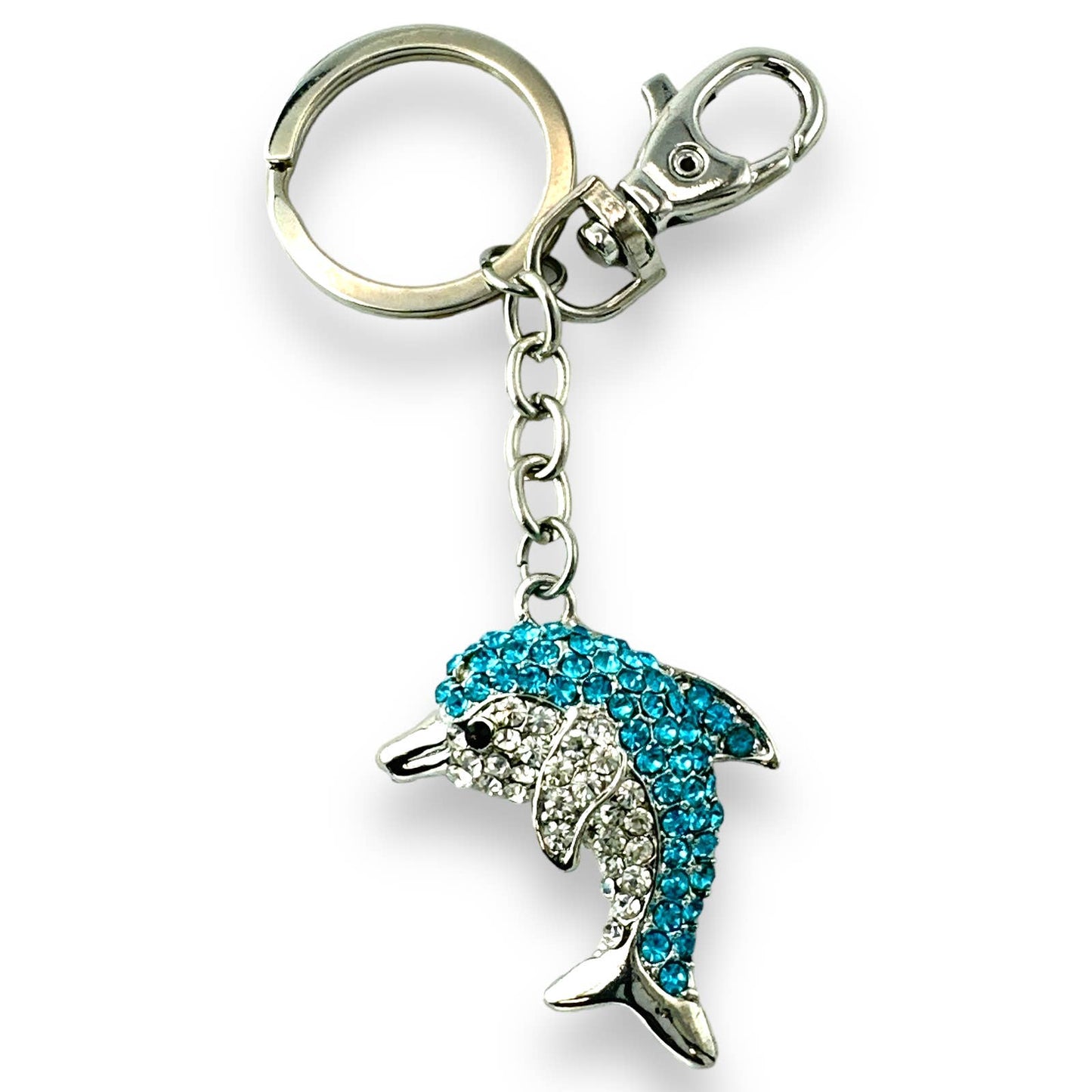 Dolphin Keychain w/ Blue & Clear Rhinestones, Split Key Ring & Clip, w/ Gift Bag