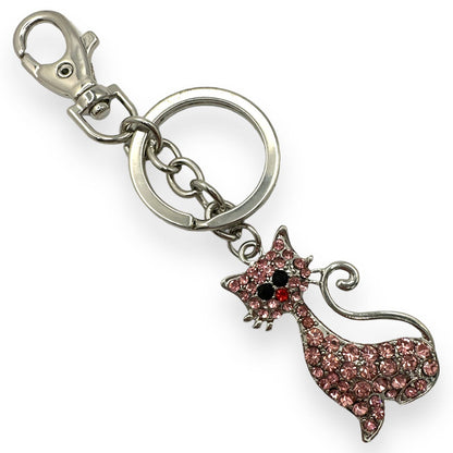 Kitty Cat Keychain w/ Rhinestone Crystals, Split Key Ring & Clip, w/ Gift Bag