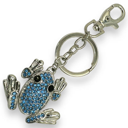 Articulated Frog Keychain, Blue Rhinestones, Split Key Ring & Clip, w/ Gift Bag