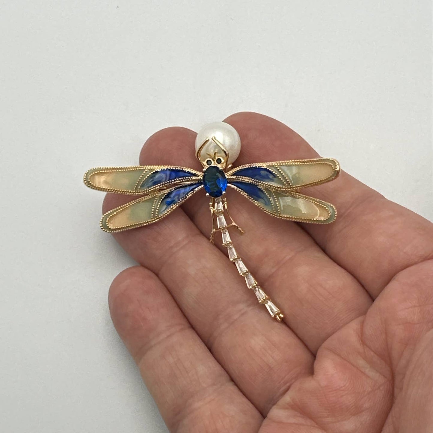 Elegant Blue Dragonfly Brooch Pin, Faux Pearl & Rhinestones, Enamel Wings 2.5W