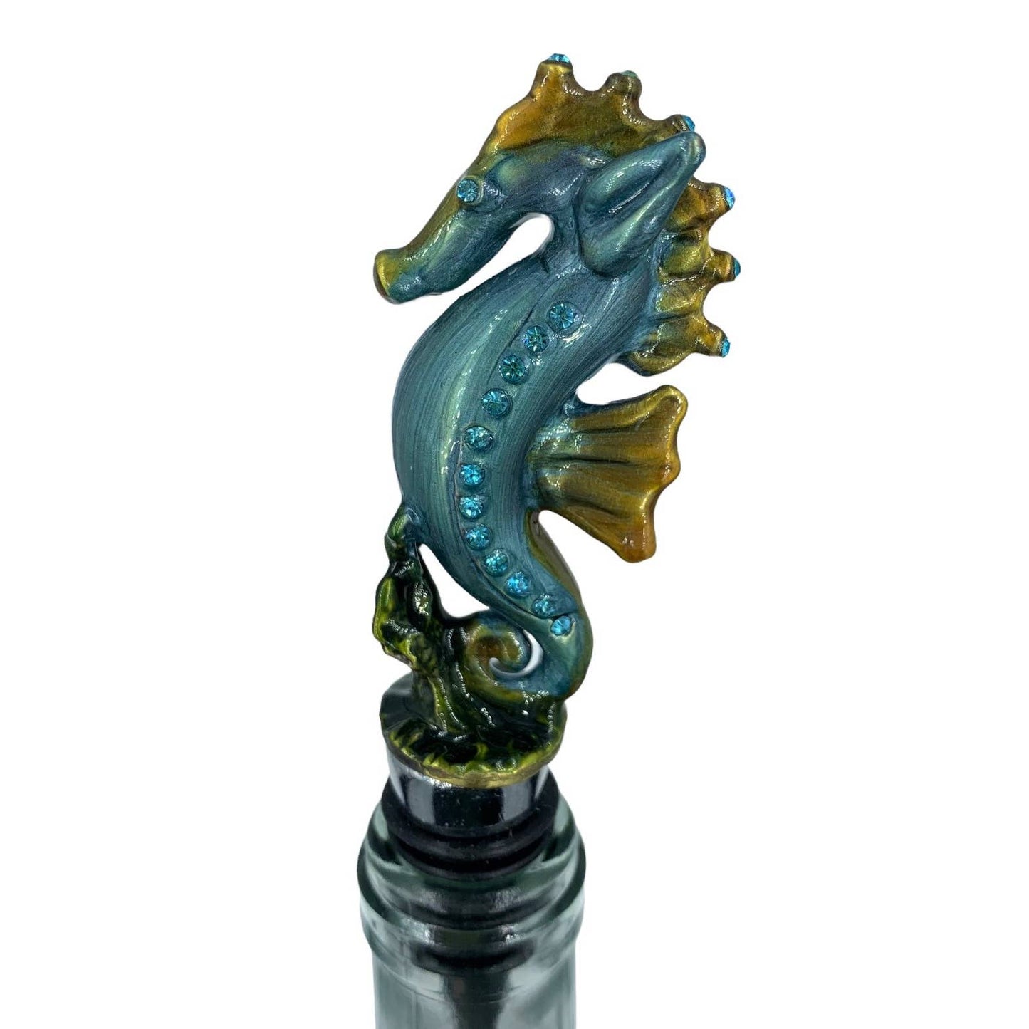 Bejeweled Seahorse Wine Bottle Stopper, Enameled Pewter Rhinestones