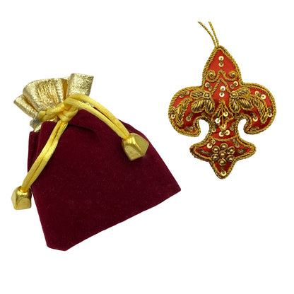 Zari Red Fleur de Lis Christmas Ornament, Zardozi Embroidery, Gift Bag