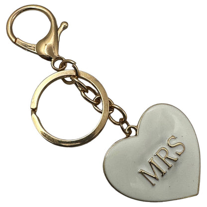 Evenchae "MRS" Heart Keychain, White with Gold Letters, Gift Bag, 4"L