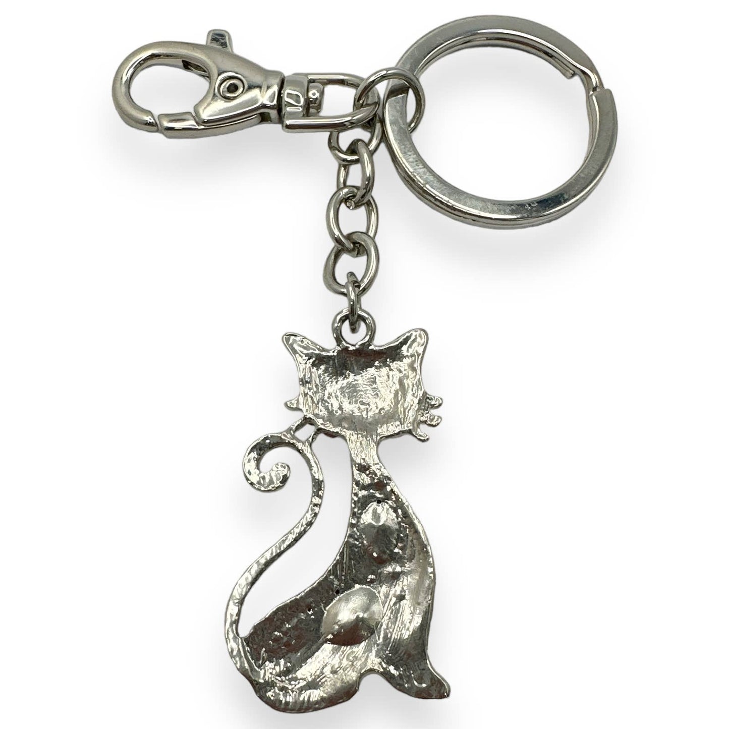 Kitty Cat Keychain w/ Rhinestone Crystals, Split Key Ring & Clip, w/ Gift Bag