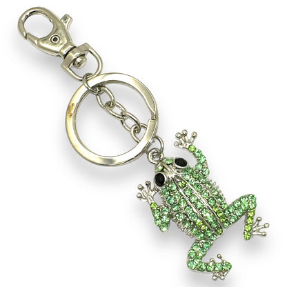 Green Rhinestones Frog Keychain, Silver-tone Split Key Ring & Clip, w/ Gift Bag