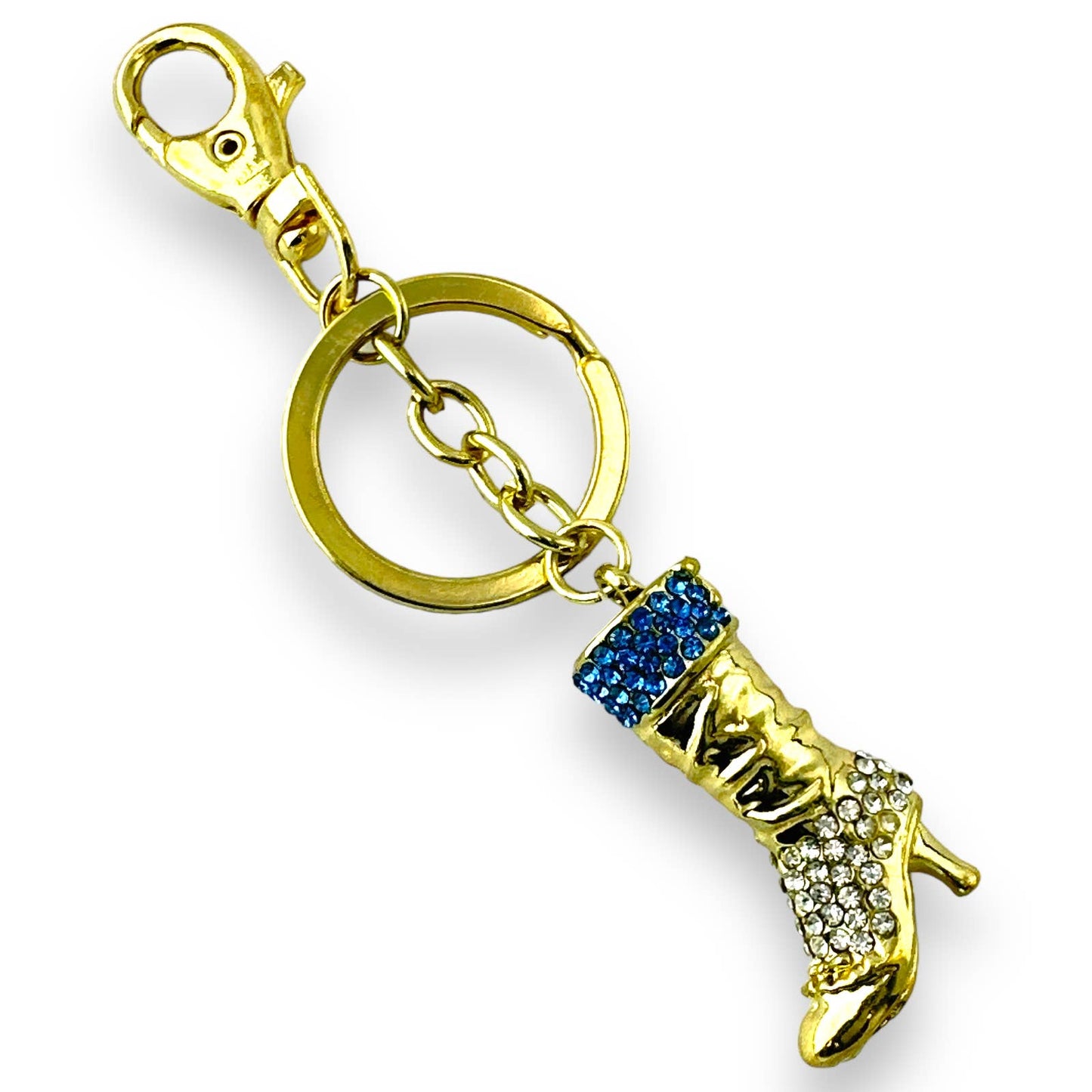 Gold High Heel Boot Keychain w/ Rhinestones, Split Key Ring & Clip, w/ Gift Bag