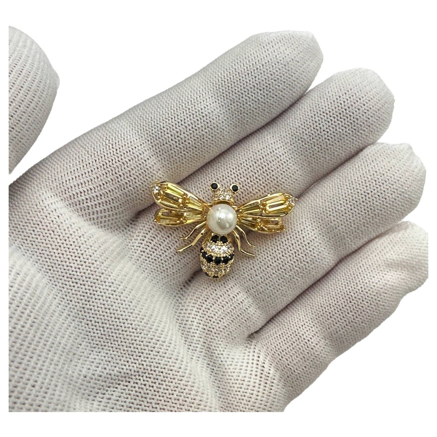 Elegant Bee Brooch Pin, Rhinestones & Faux Pearl, Gold-tone Alloy, Gift Bag