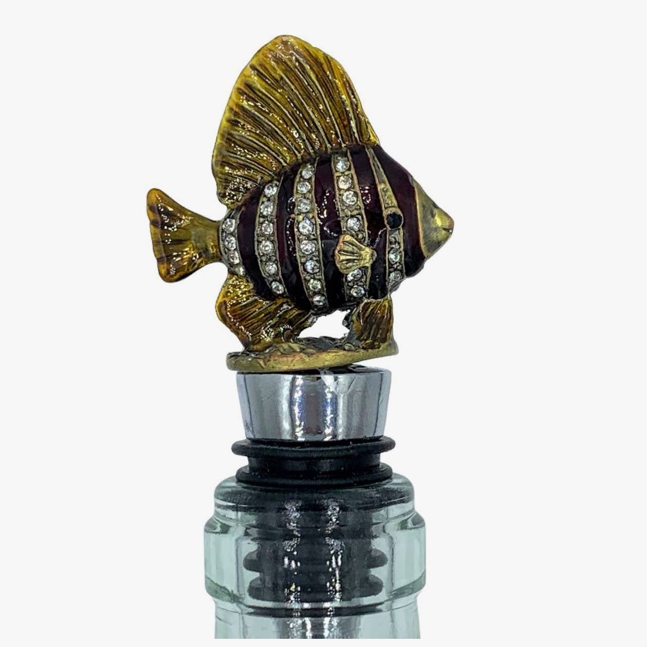 Fish Wine Bottle Stopper, Enameled Pewter & Rhinestones, Lead-Free Zinc Alloy