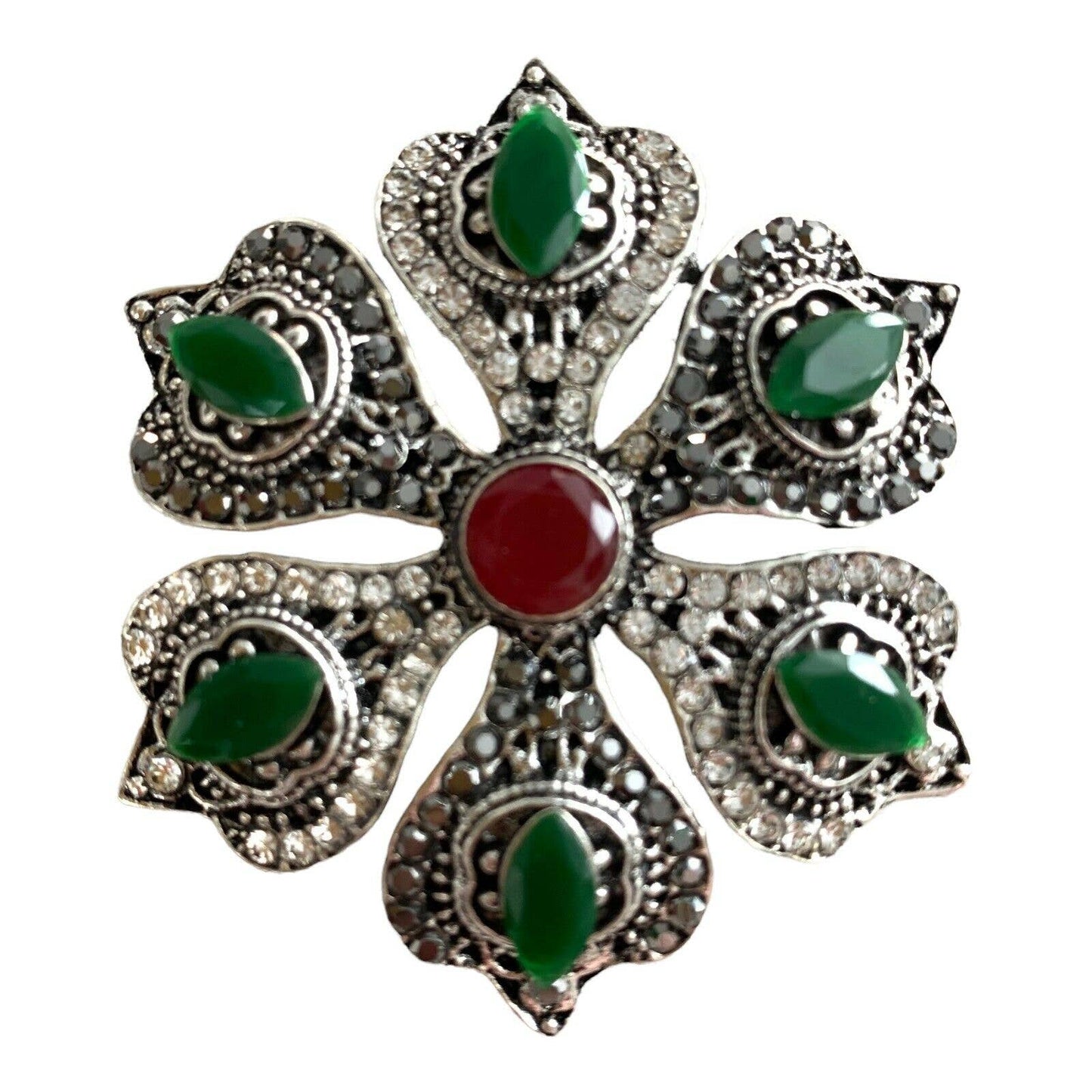 Boho Brooch Pin With Rhinestones Victorian Bohemian Style Hexagonal Green 2”W