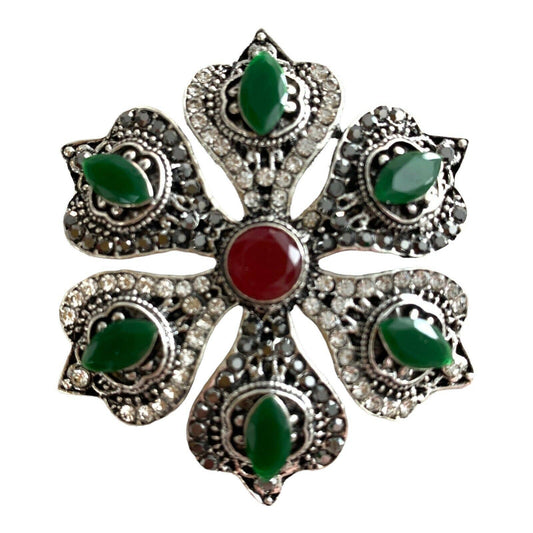 Boho Brooch Pin With Rhinestones Victorian Bohemian Style Hexagonal Green 2”W