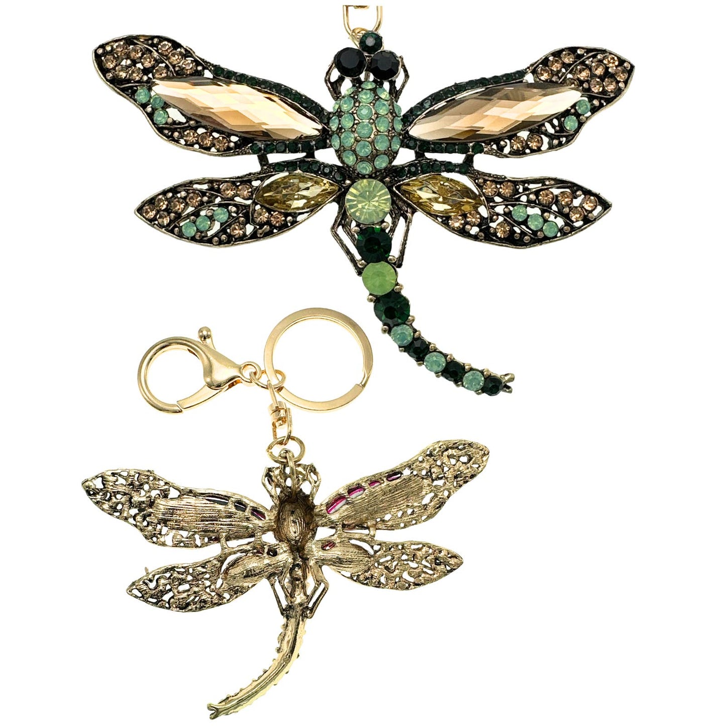 Classic Green Dragonfly Keychain Rhinestones & Gift Bag, Purse Jewelry, 5"L