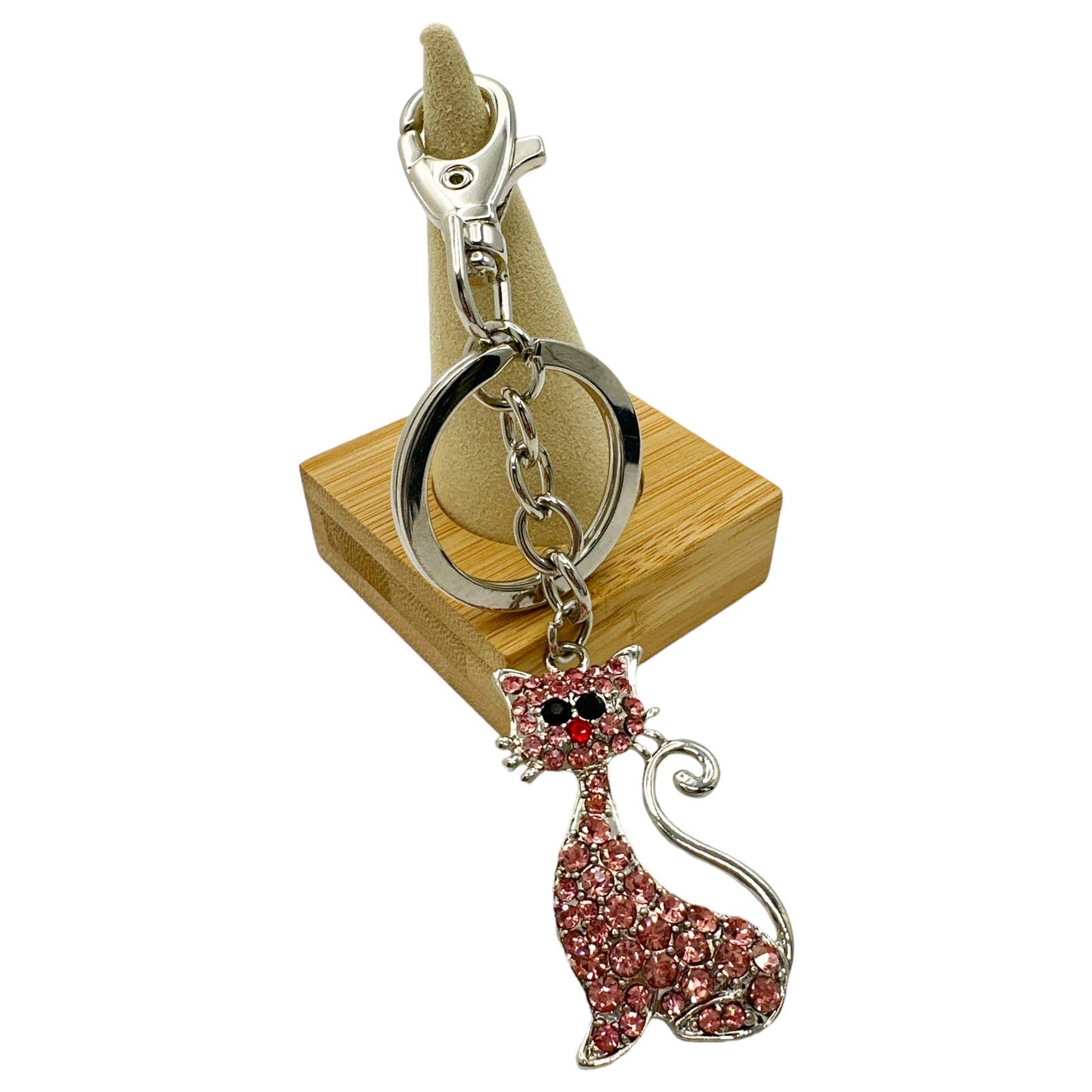 Kitty Cat Keychain w/ Rhinestone Crystals, Split Key Ring & Clip, w/ Gift Bag